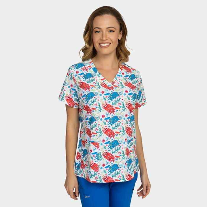ISABELLA ženska medicinska bluza – Colourful Peacock - Image 3